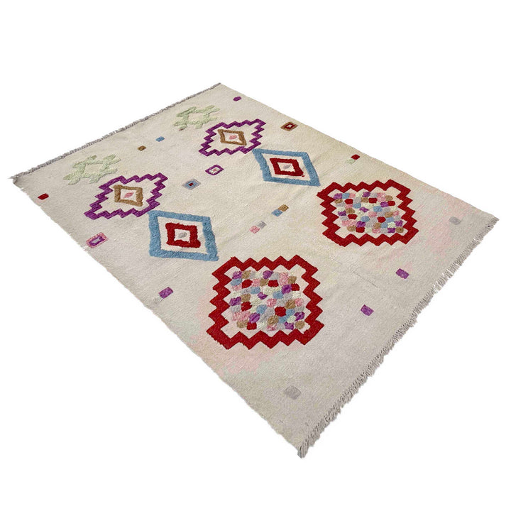 Beige Pakistani Embroidery Kilim Rug 4' 0" x 6' 1" Hand-Knotted | No. AL93118