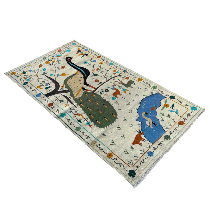 Beige Pakistani Embroidery Kilim Rug 3'5" x 6'6" Flat-Weave | No. AL34207