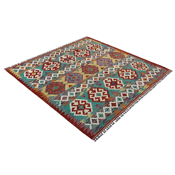 Afghan Vegetable Kilim Rug 5' 0" x 6' 3" Flat-Weave close-up