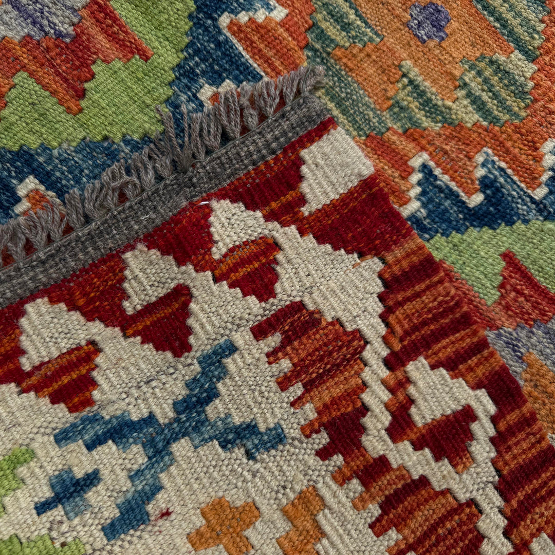 Afghan Vegetable Kilim Rug 3' 0" x 6' 10" Flat-Weave border