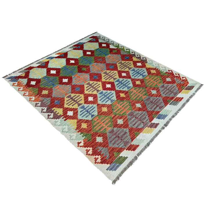 Afghan Vegetable Kilim Rug 5' 0" x 6' 3" Flat-Weave close-up