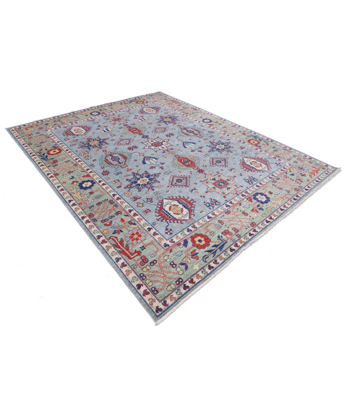 Blue Pakistani Kazak Rug 8' 0" x 9' 11" Hand-Knotted field