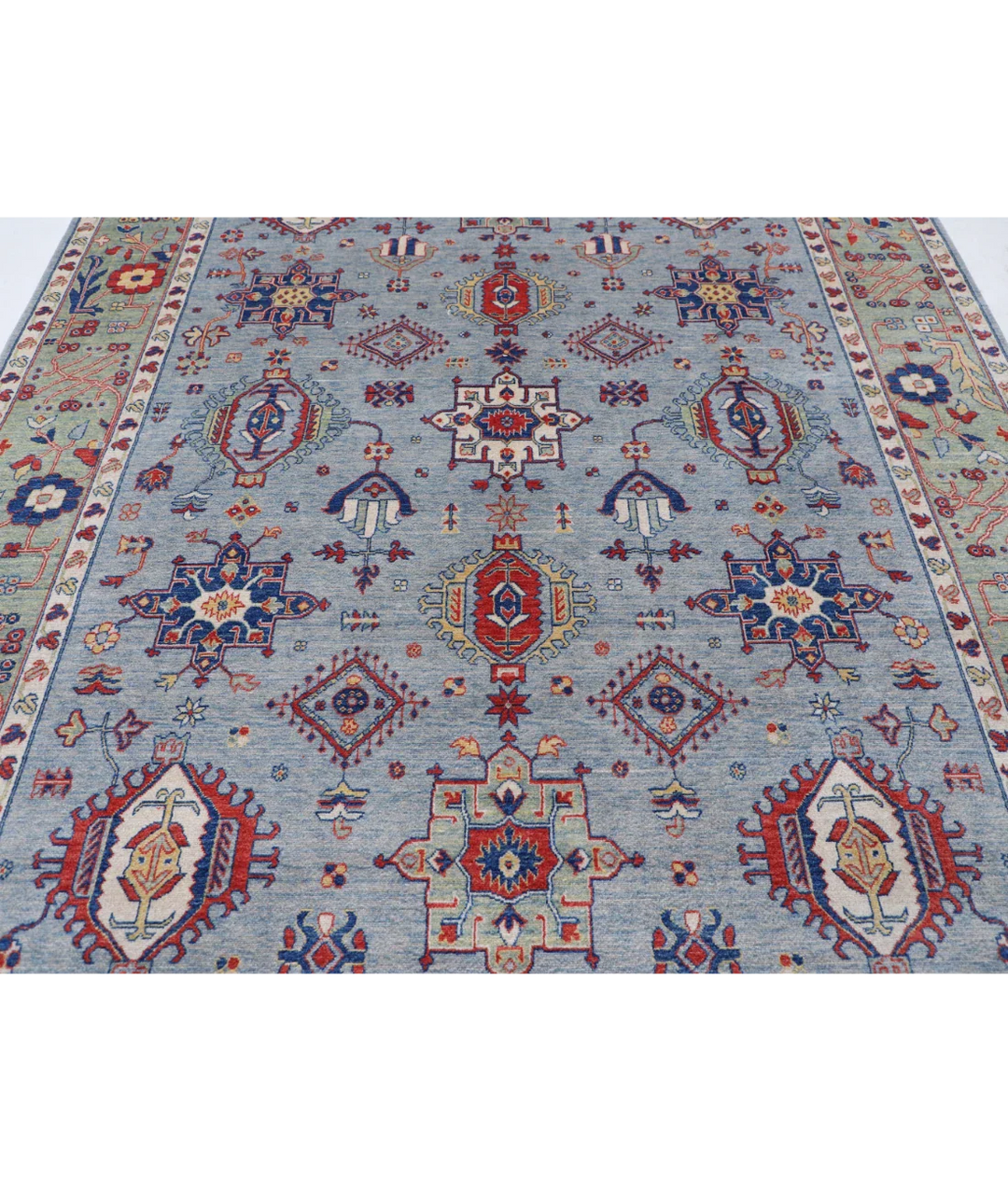 Blue Pakistani Kazak Rug 8' 0" x 9' 11" Hand-Knotted border
