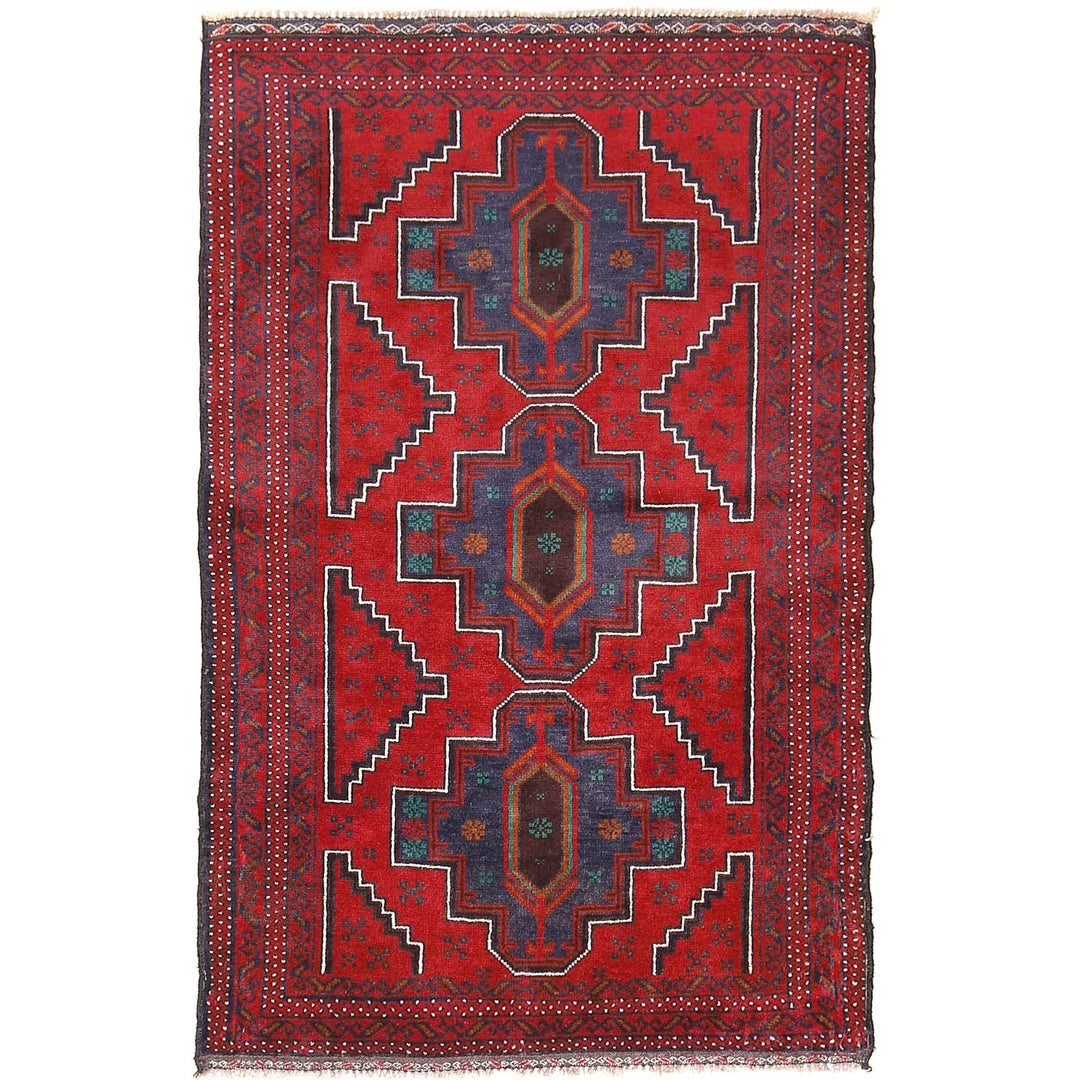 Red Afghan Baluchi Rug 3' 0" x 4' 10" Hand-Knotted