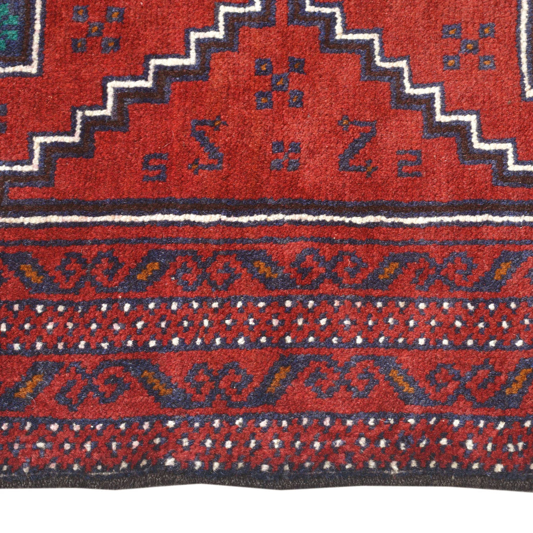 Red Afghan Baluchi Rug 3' 0" x 4' 10" Hand-Knotted detail