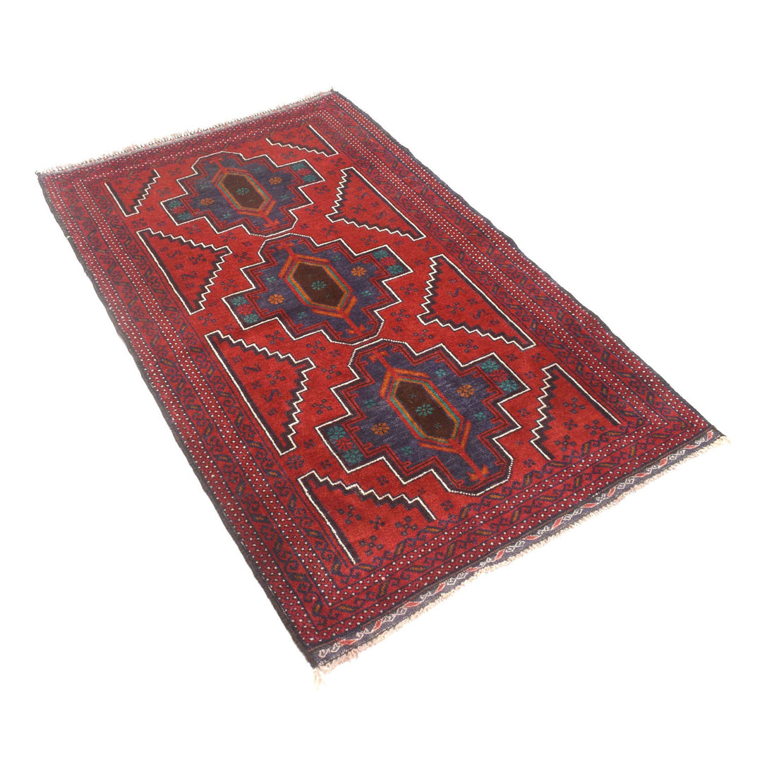 Red Afghan Baluchi Rug 3' 0" x 4' 10" Hand-Knotted close-up