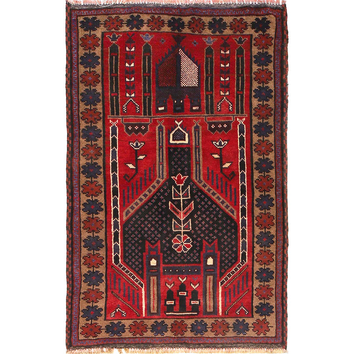 Red Afghan Prayer Rug 3' 2" x 4' 7" Hand-Knotted | No. AL62675
