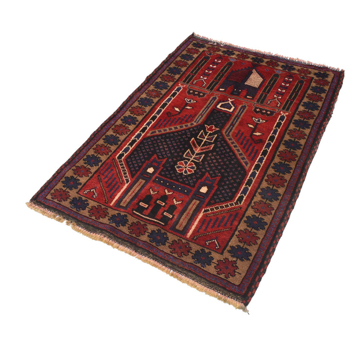 Red Afghan Prayer Rug 3' 2" x 4' 7" Hand-Knotted | No. AL62675