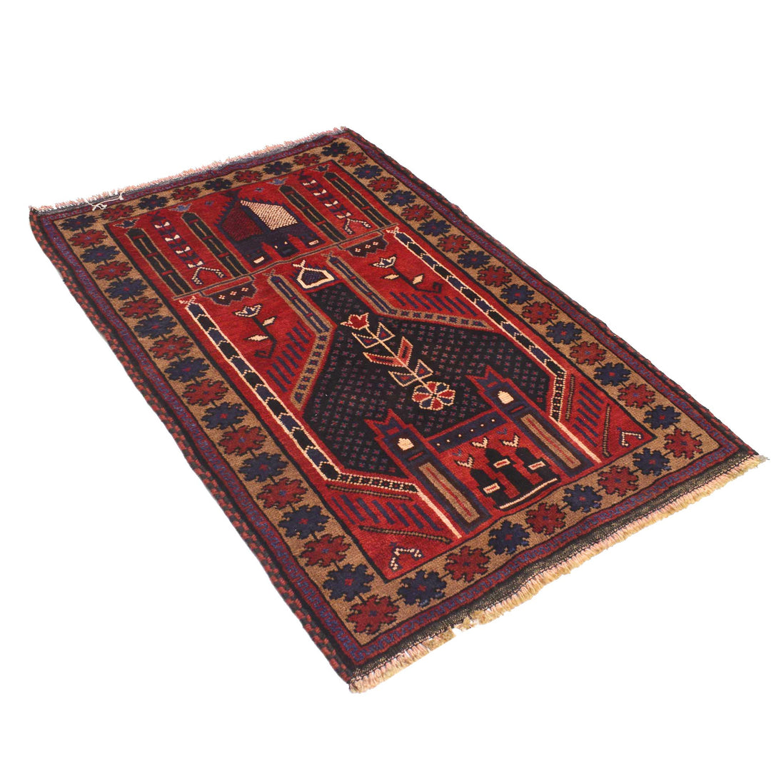 Red Afghan Prayer Rug 3' 2" x 4' 7" Hand-Knotted | No. AL62675