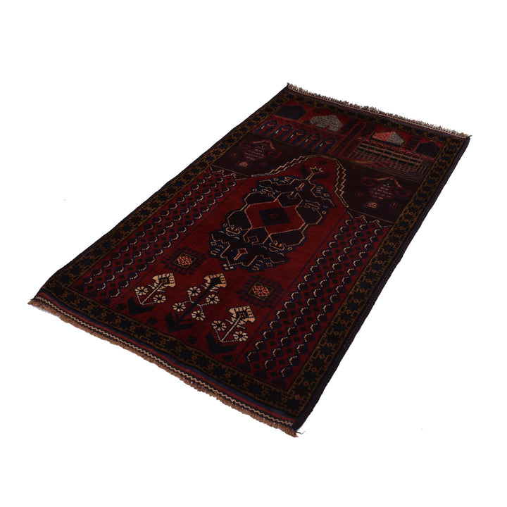 Red Afghan Prayer Rug 2' 11" x 5' 1" Hand-Knotted close-up
