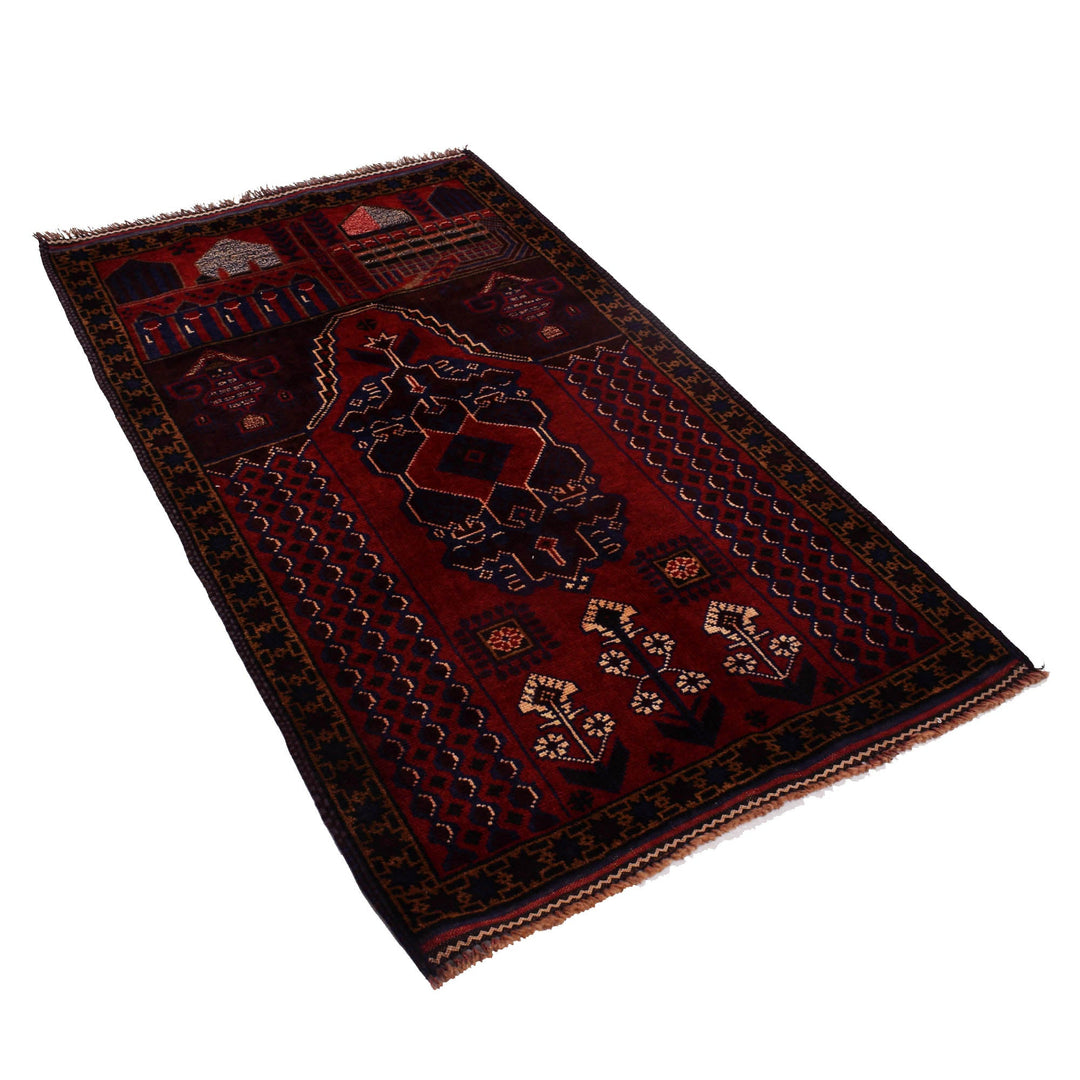 Red Afghan Prayer Rug 2' 11" x 5' 1" Hand-Knotted pattern