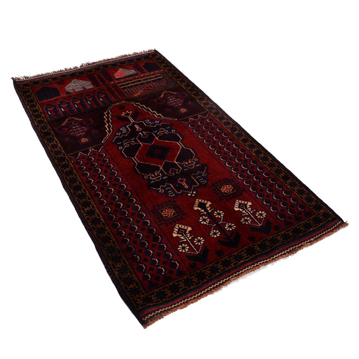 Red Afghan Prayer Rug 2' 11" x 5' 1" Hand-Knotted pattern