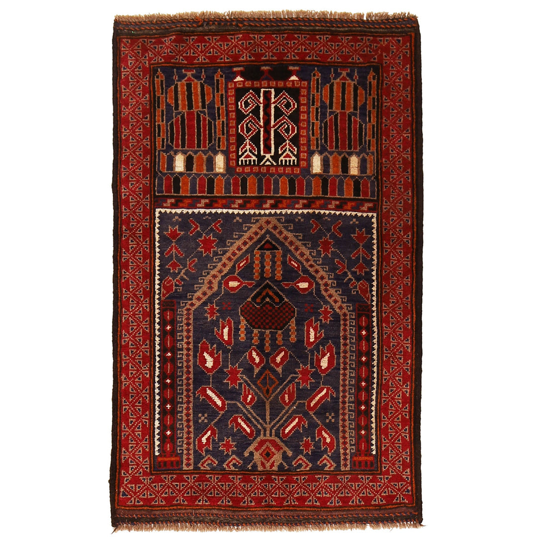 Blue Afghan Prayer Rug 2' 10" x 4' 8" Hand-Knotted