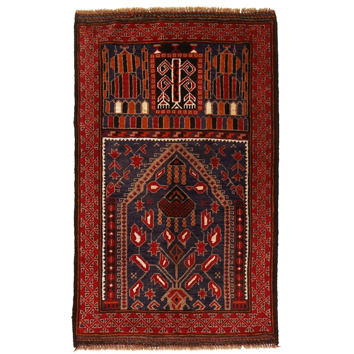 Blue Afghan Prayer Rug 2' 10" x 4' 8" Hand-Knotted