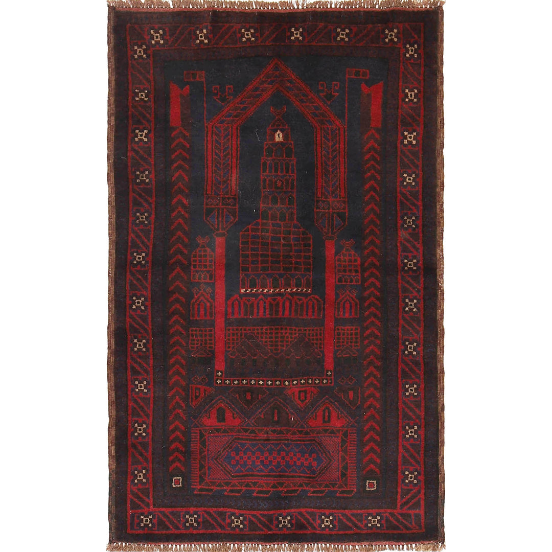 Blue Afghan Prayer Rug 2' 10" x 4' 8" Hand-Knotted
