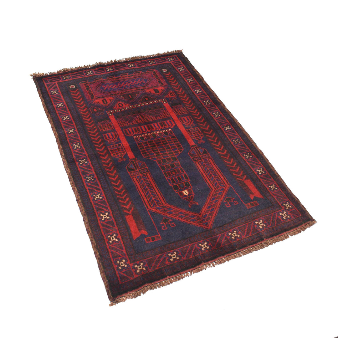 Blue Afghan Prayer Rug 2' 10" x 4' 8" Hand-Knotted pattern