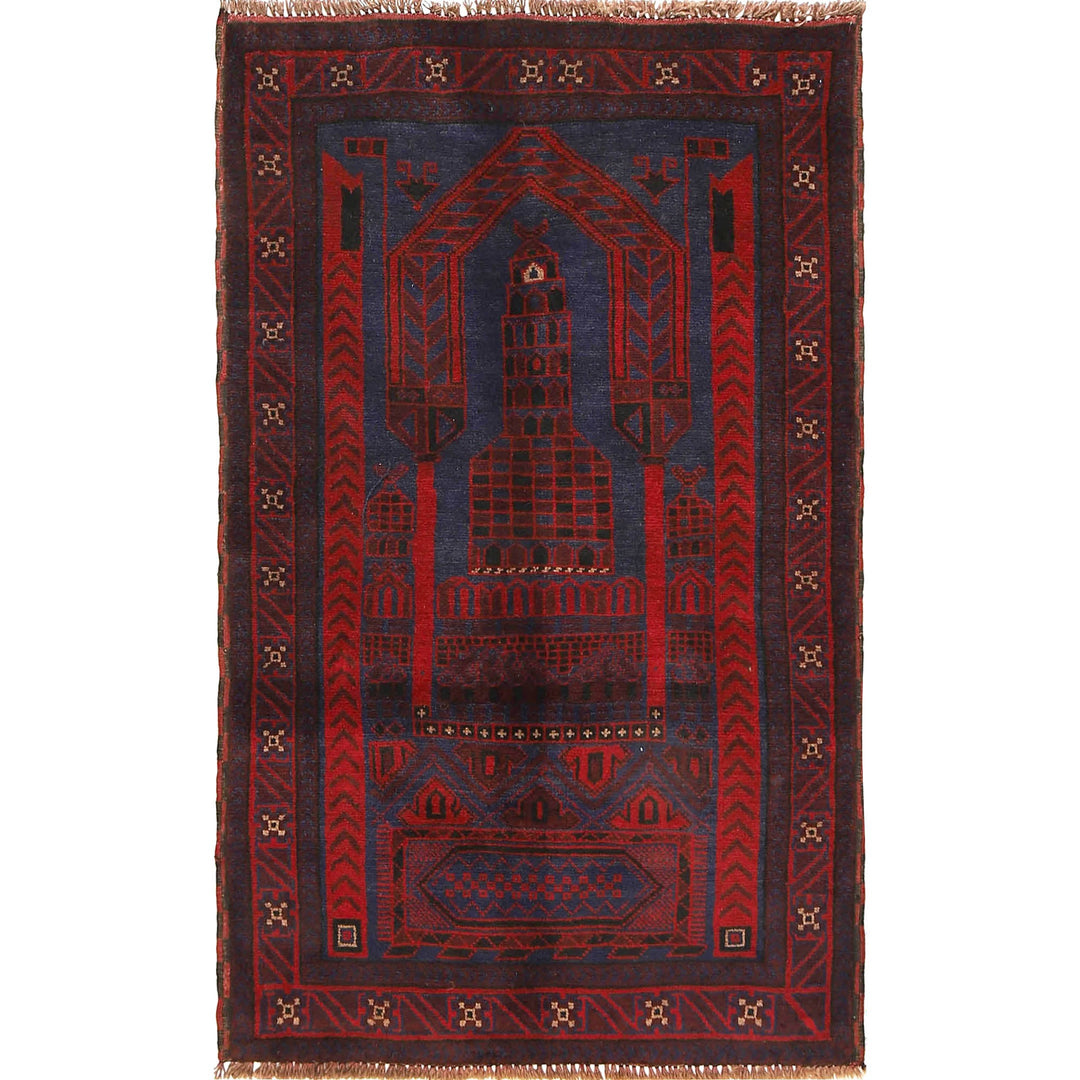 Blue Afghan Prayer Rug 2' 9" x 4' 6" Hand-Knotted