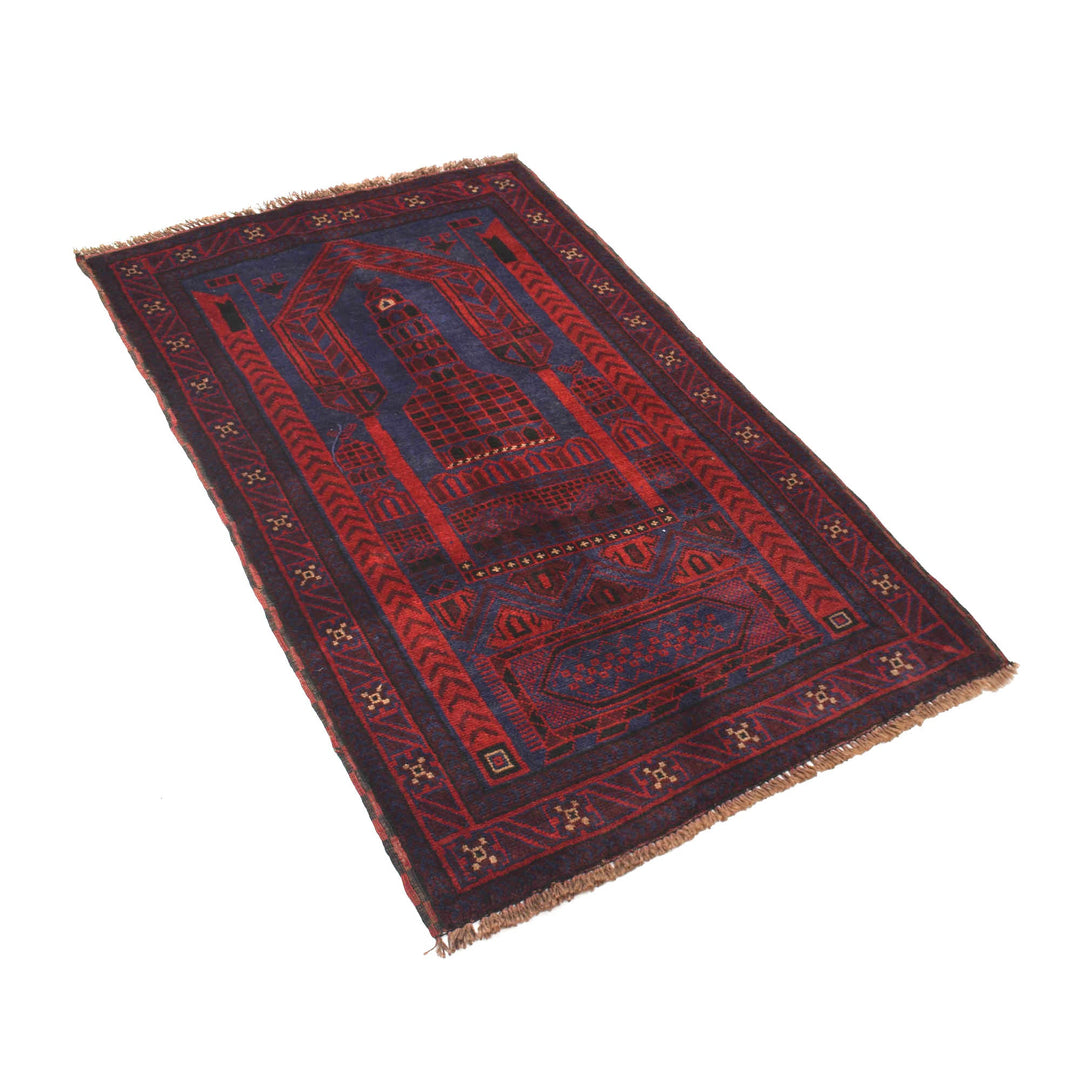 Blue Afghan Prayer Rug 2' 9" x 4' 6" Hand-Knotted pattern