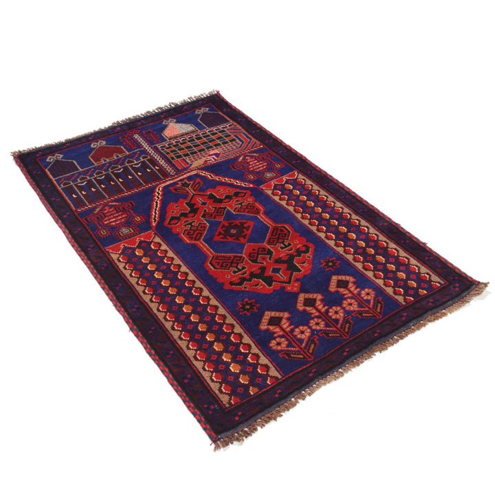 Blue Afghan Prayer Rug 3' 1" x 4' 8" Hand-Knotted close-up
