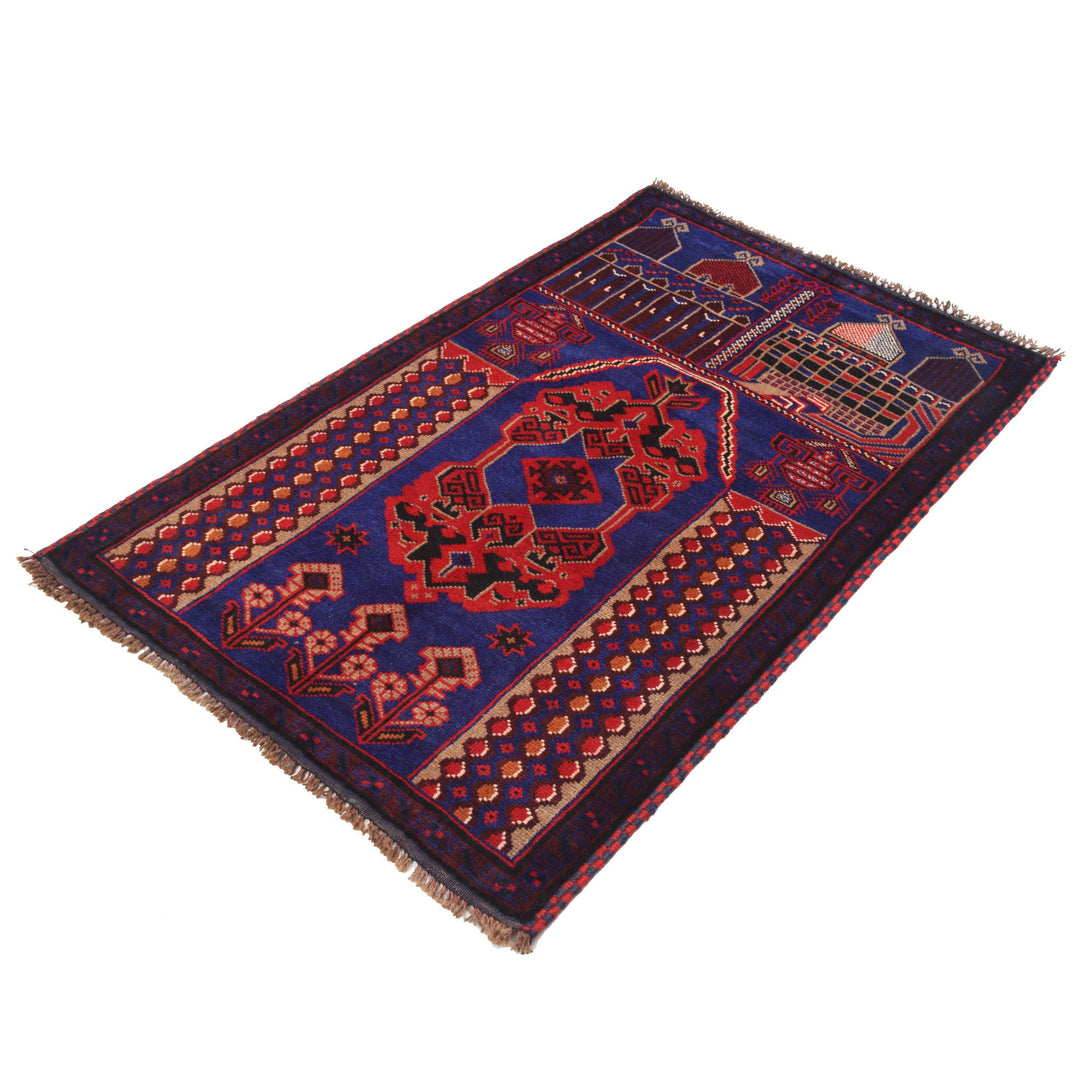 Blue Afghan Prayer Rug 3' 1" x 4' 8" Hand-Knotted pattern