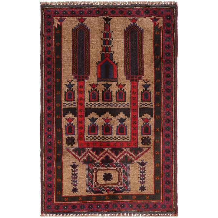 Beige Afghan Prayer Rug 2' 11" x 4' 6" Hand-Knotted