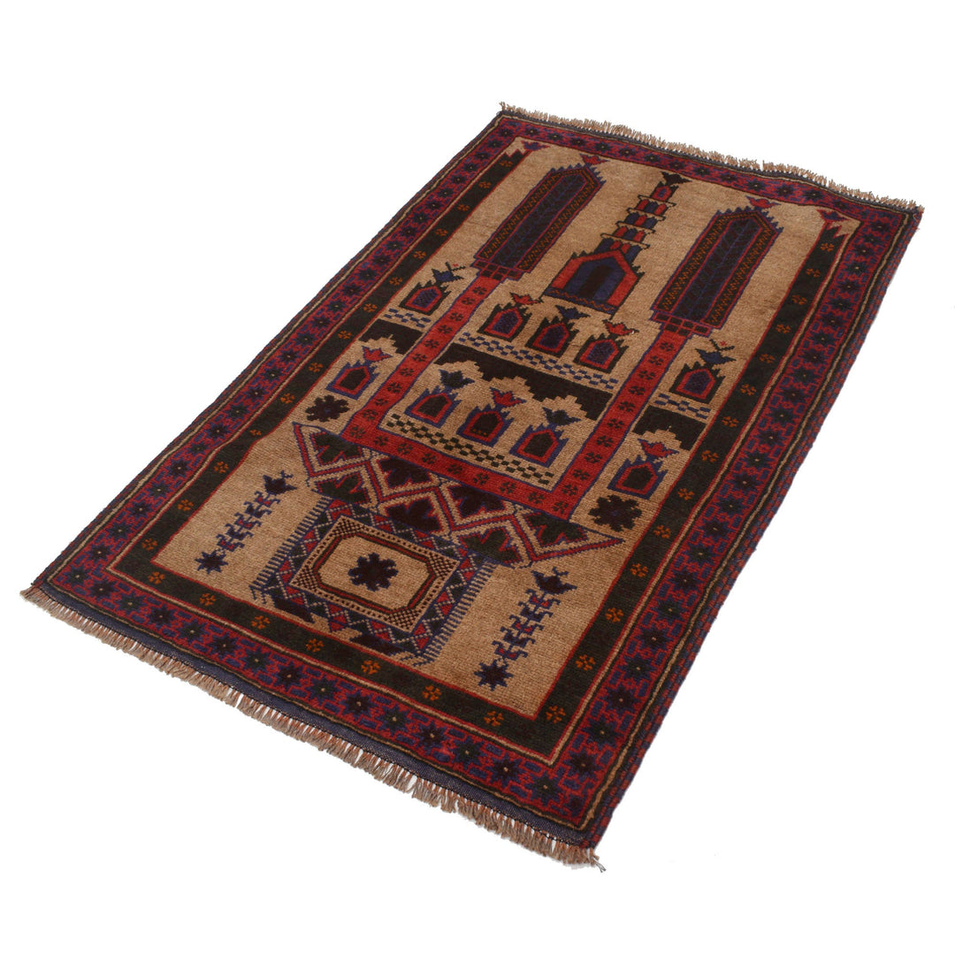 Beige Afghan Prayer Rug 2' 11" x 4' 6" Hand-Knotted close-up