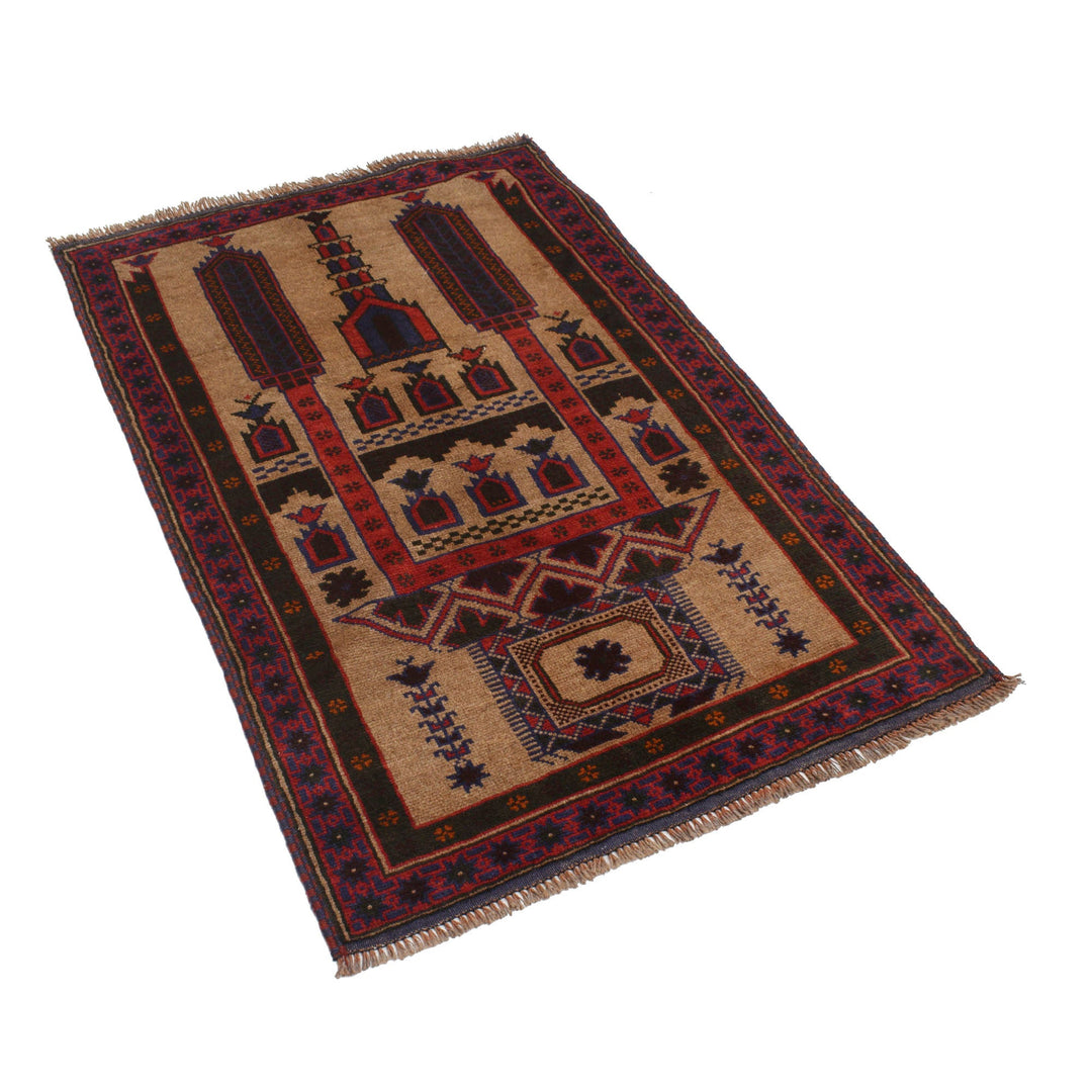 Beige Afghan Prayer Rug 2' 11" x 4' 6" Hand-Knotted pattern