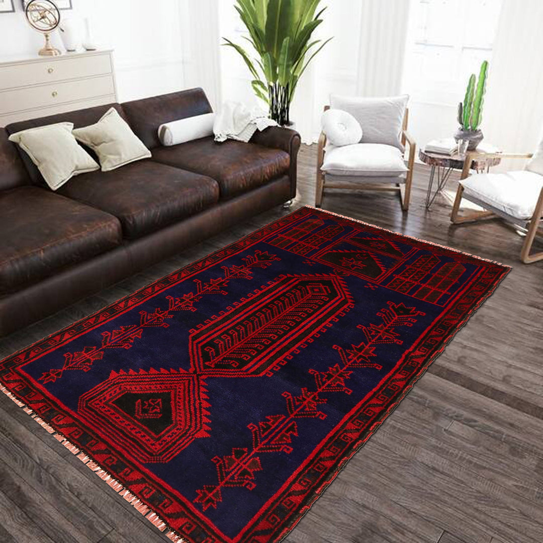 Blue Afghan Prayer Rug 3' 1" x 4' 10" Hand-Knotted field