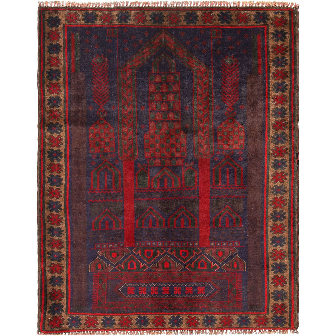 Afghan Prayer Rug 3' 3" x 4' 4" Hand-Knotted