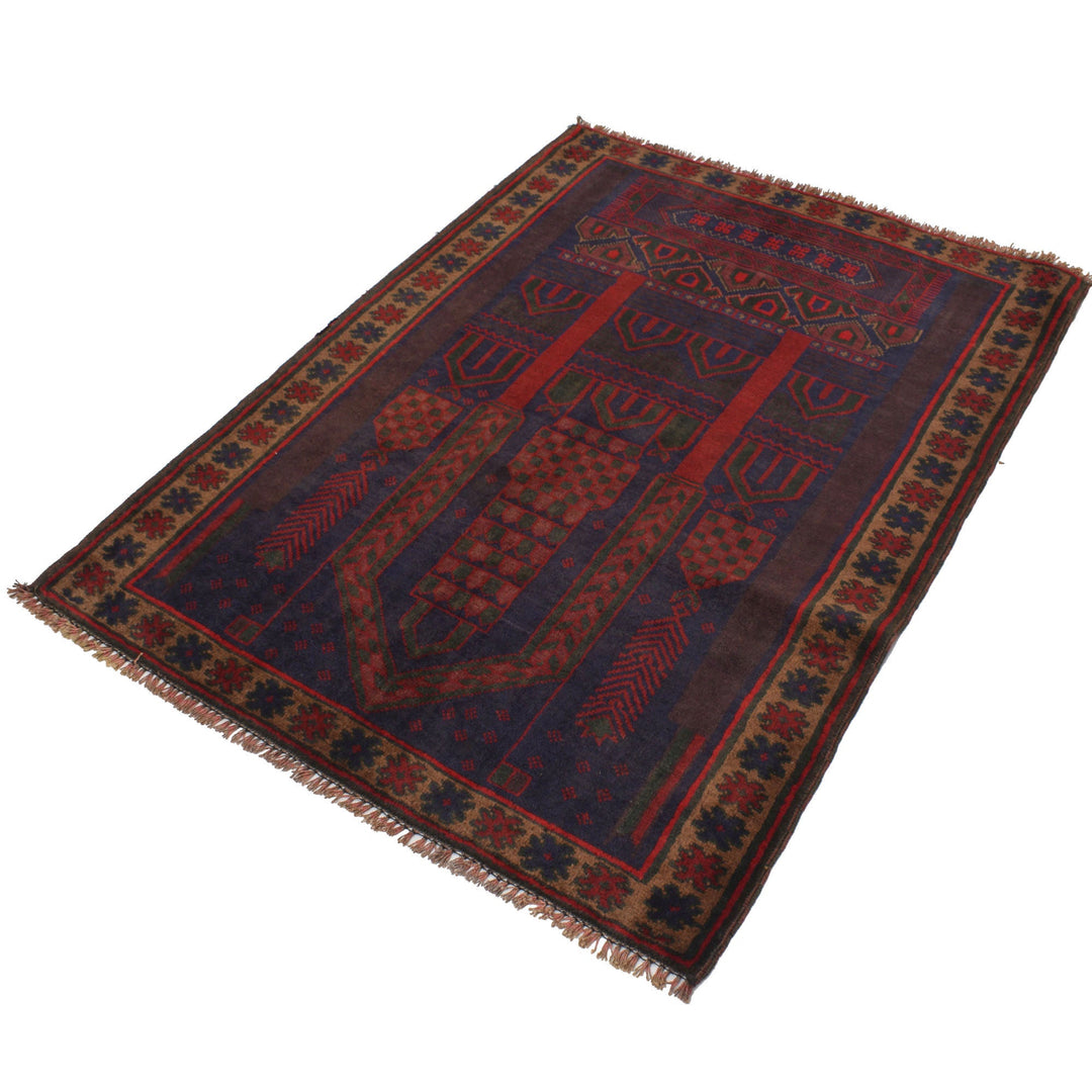 Afghan Prayer Rug 3' 3" x 4' 4" Hand-Knotted close-up