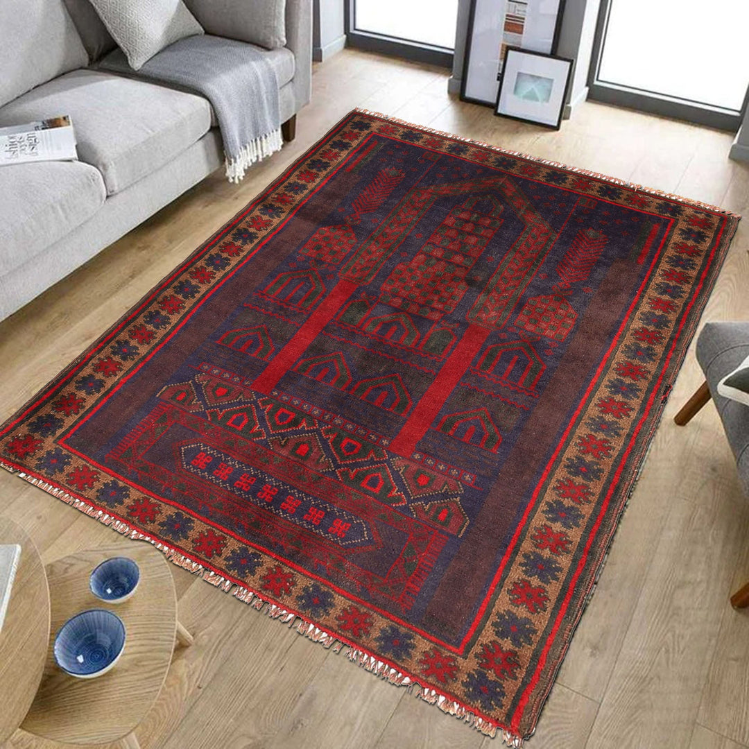 Afghan Prayer Rug 3' 3" x 4' 4" Hand-Knotted field
