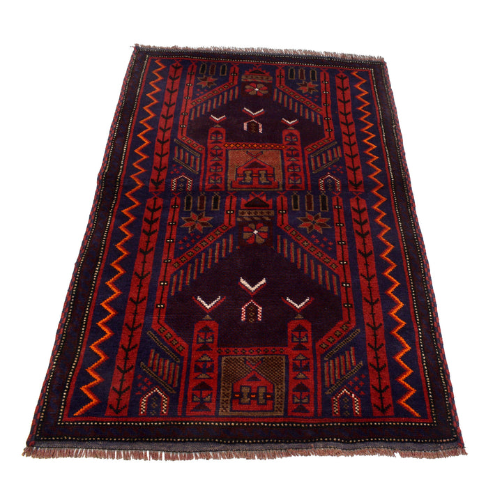 Red Afghan Prayer Rug 3' 3" x 4' 11" Hand-Knotted detail