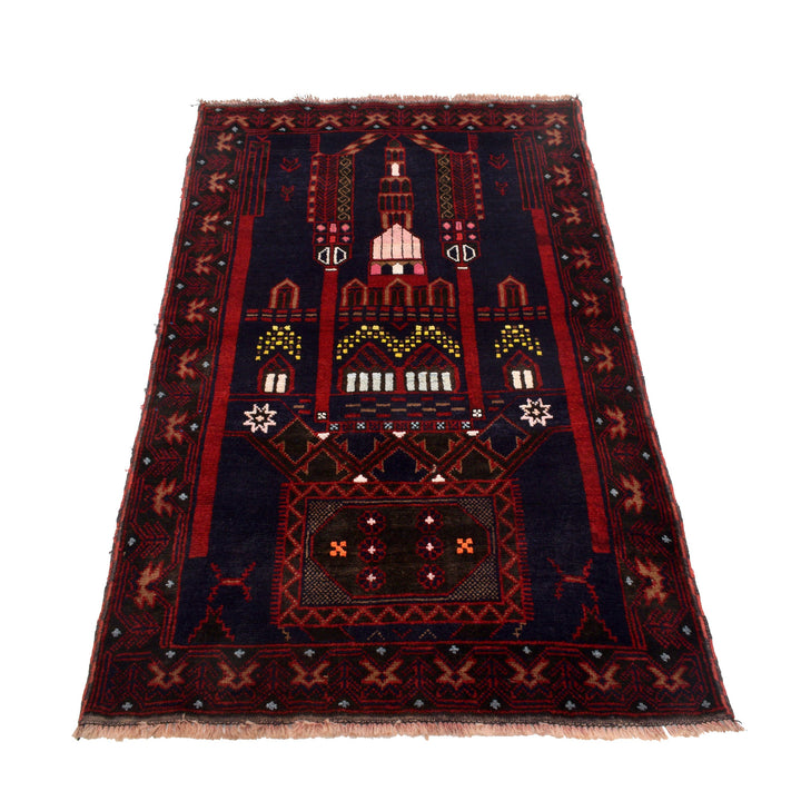 Afghan Prayer Rug 3' 1" x 4' 11" Hand-Knotted detail