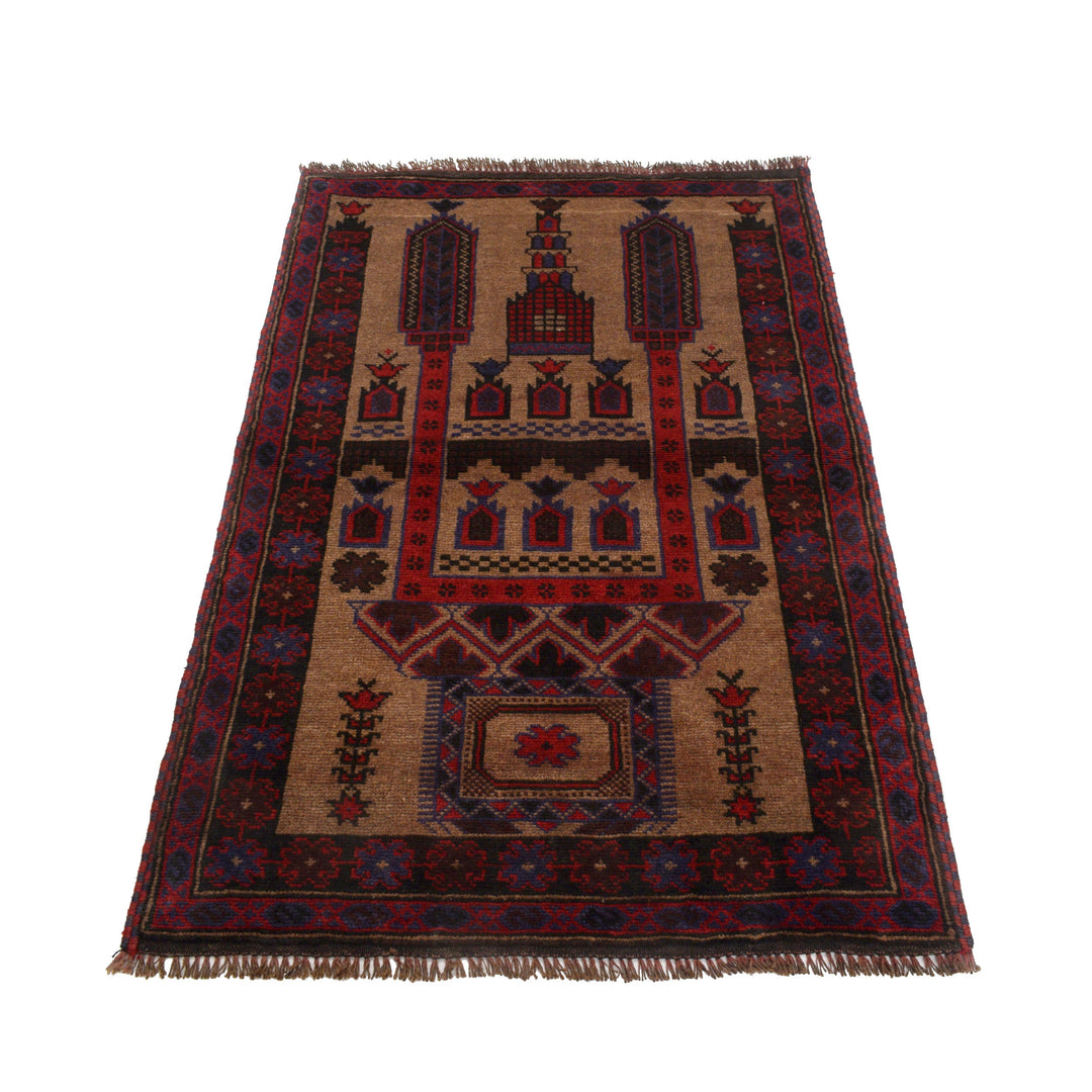 Beige Afghan Prayer Rug 2' 11" x 4' 4" Hand-Knotted detail