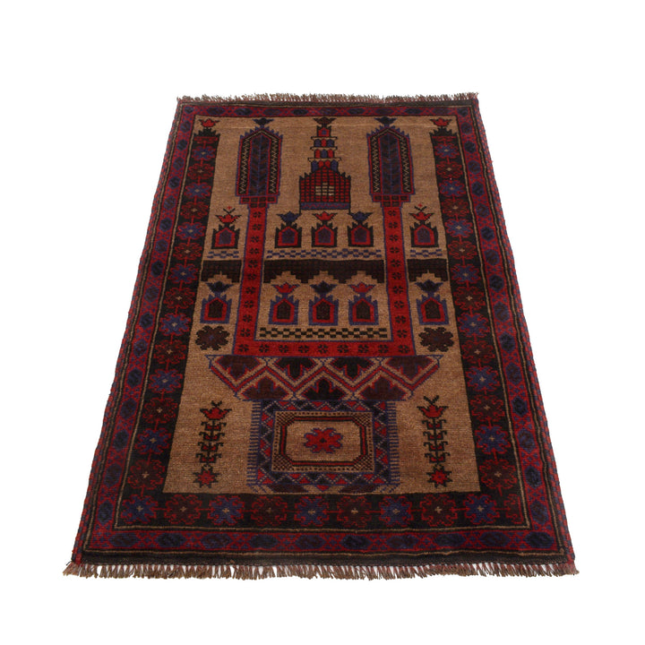 Beige Afghan Prayer Rug 2' 11" x 4' 4" Hand-Knotted detail
