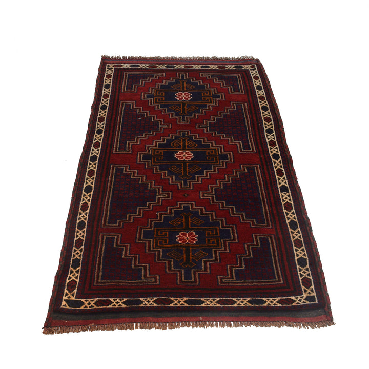 Red Afghan Baluchi Rug 2' 9" x 4' 10" Hand-Knotted detail