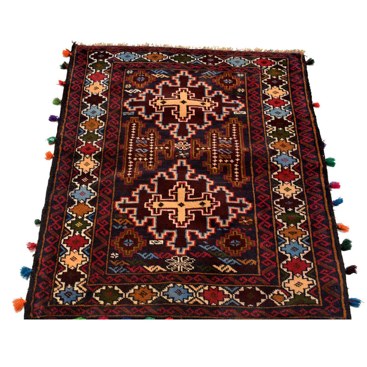Afghan Baluchi Rug 2' 6" x 3' 5" Hand-Knotted detail