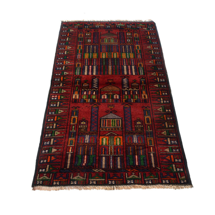 Red Afghan Prayer Rug 2' 6" x 4' 8" Hand-Knotted detail