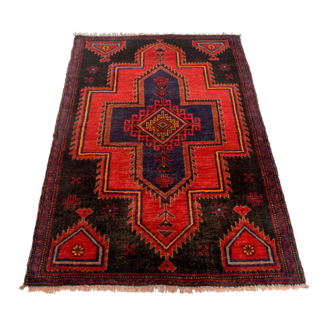 Afghan Baluchi Rug 3' 2" x 4' 11" Hand-Knotted detail