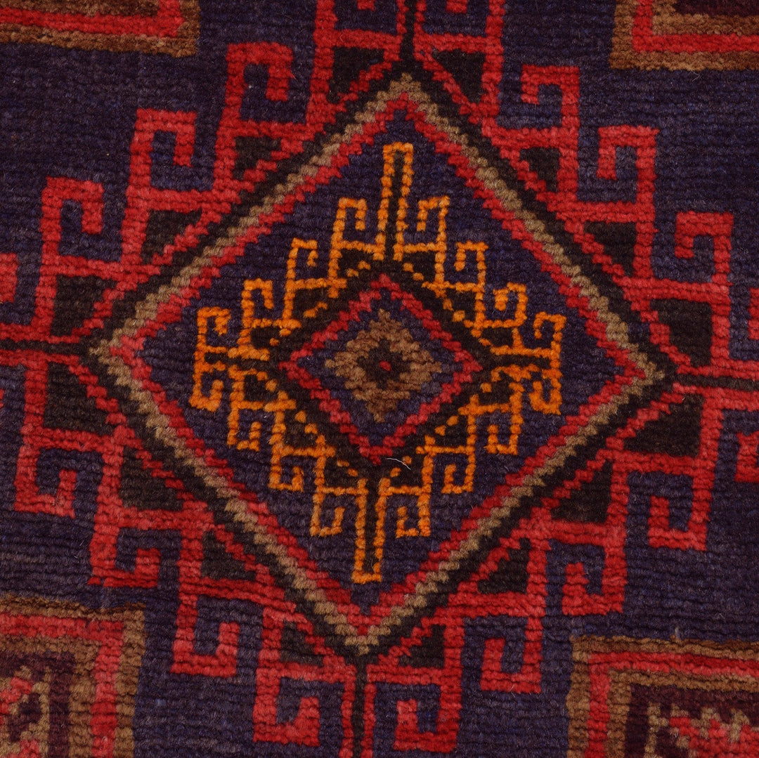 Afghan Baluchi Rug 3' 2" x 4' 11" Hand-Knotted close-up
