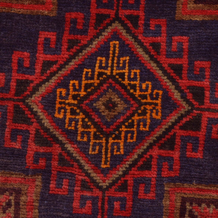 Afghan Baluchi Rug 3' 2" x 4' 11" Hand-Knotted close-up