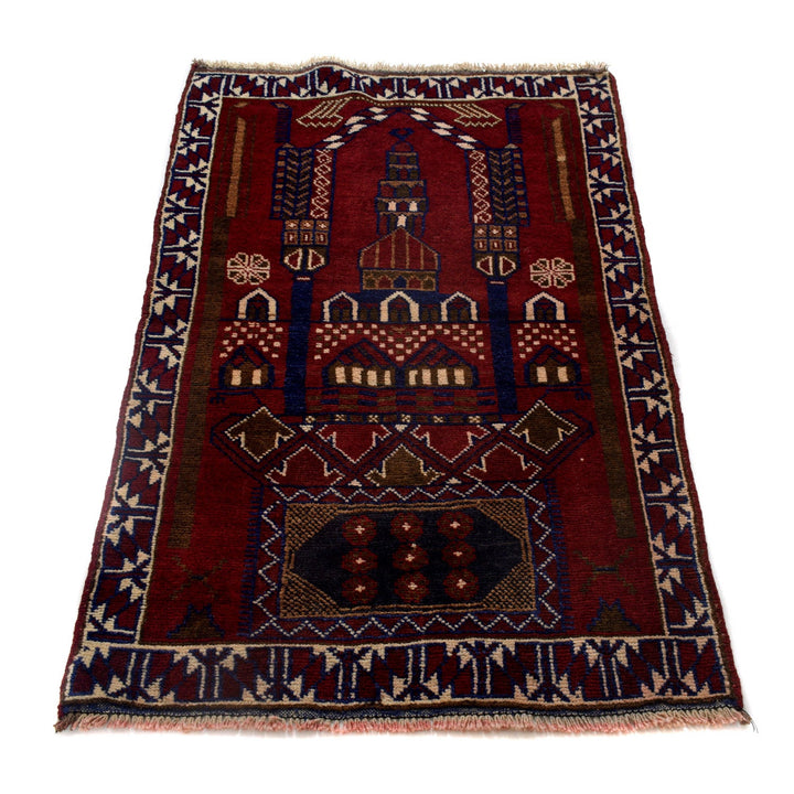 Red Afghan Prayer Rug 2' 11" x 4' 7" Hand-Knotted detail