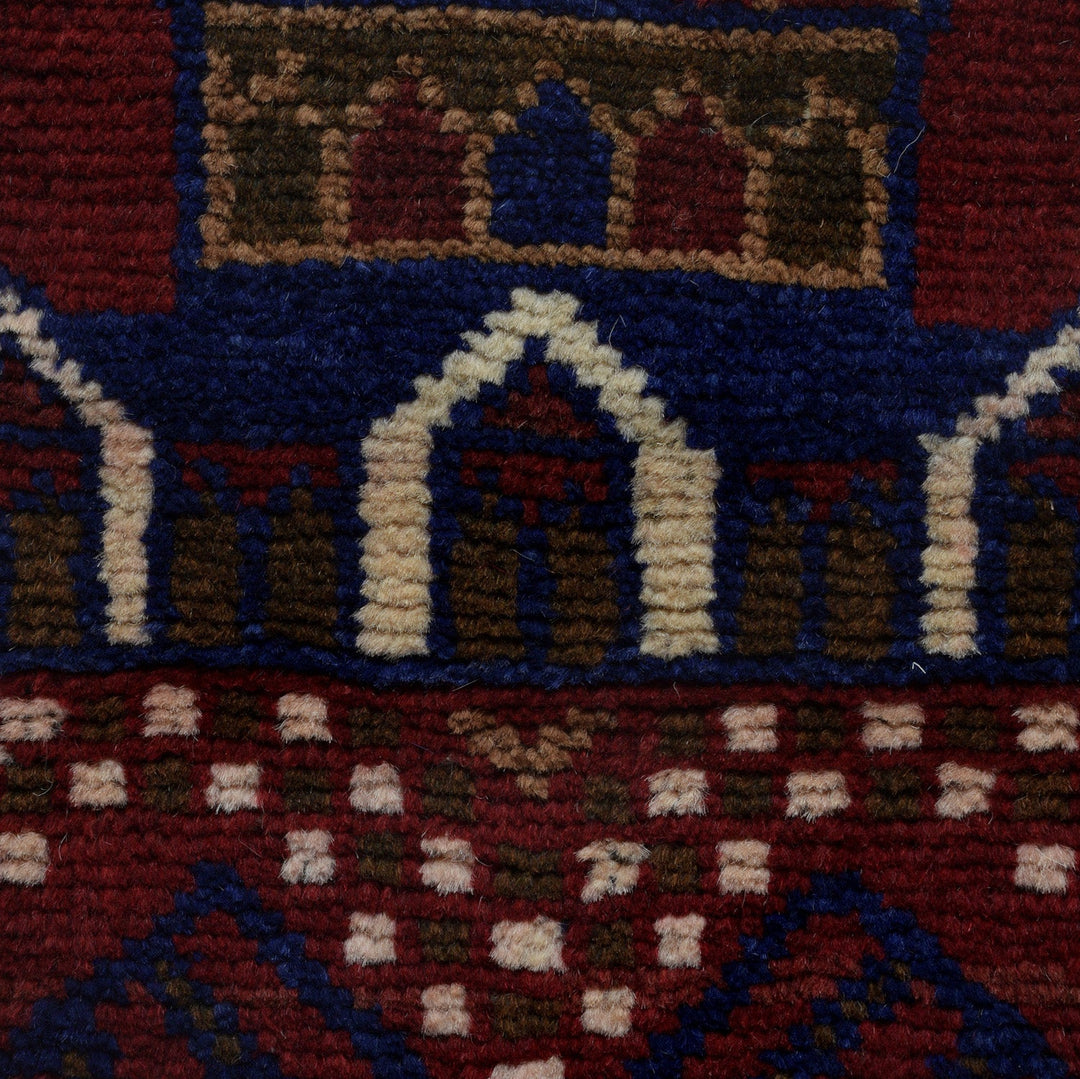 Red Afghan Prayer Rug 2' 11" x 4' 7" Hand-Knotted close-up
