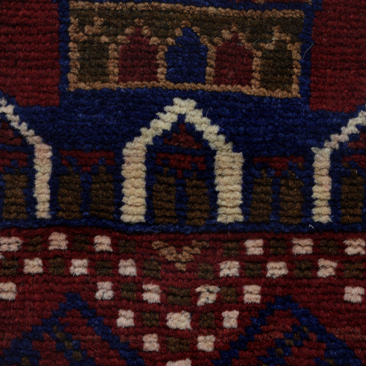 Red Afghan Prayer Rug 2' 11" x 4' 7" Hand-Knotted close-up