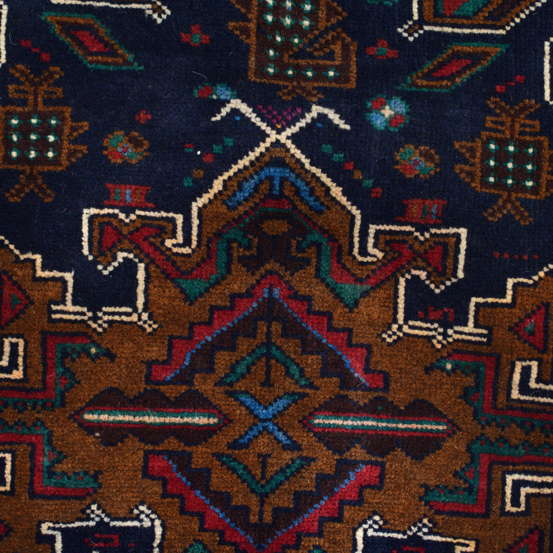 Afghan Baluchi Rug 2' 10" x 4' 1" Hand-Knotted close-up