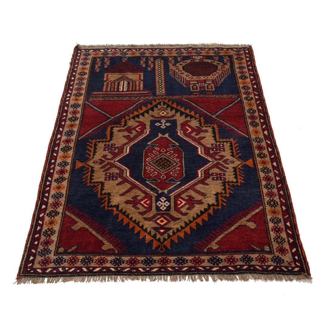 Afghan Prayer Rug 3' 3" x 4' 9" Hand-Knotted detail