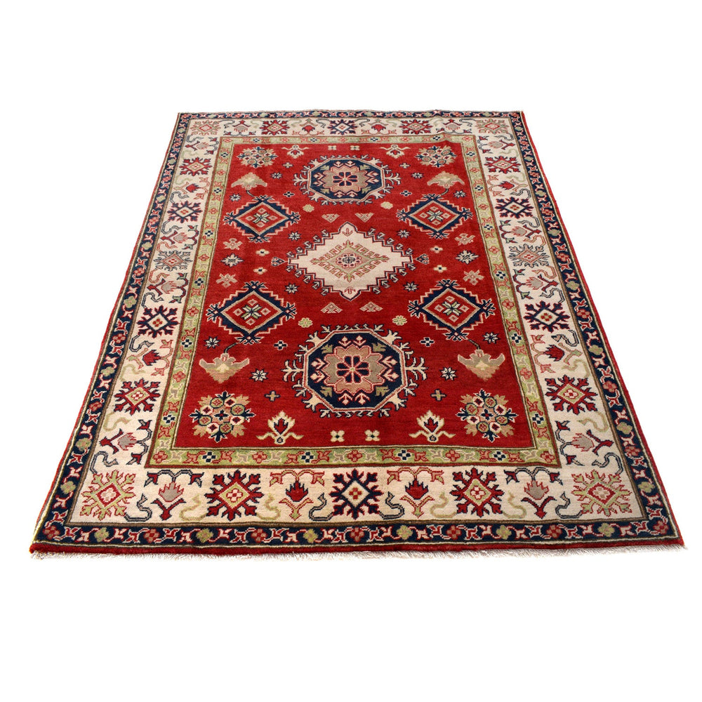 Red Afghan Kazak Rug 4' 11" x 6' 7" Hand-Knotted detail