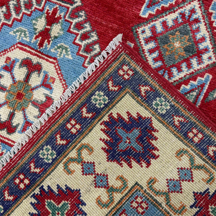 Red Afghan Kazak Rug 4' 10" x 7' 8" Hand-Knotted | No. AL637720