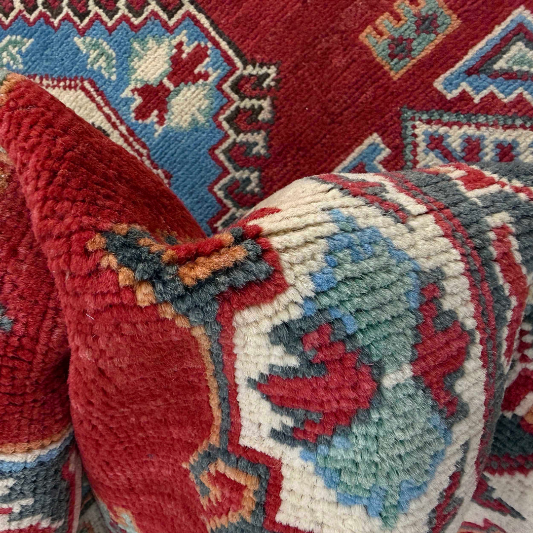 Red Afghan Kazak Rug 4' 10" x 7' 8" Hand-Knotted | No. AL637720