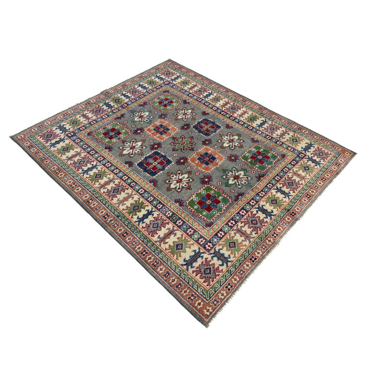 Gray Afghan Kazak Rug 4' 11" x 6' 6" Hand-Knotted | No. AL66271